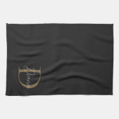 Elegante Midnight Black Mossy Gold Script Monogram Geschirrtuch (Horizontal)