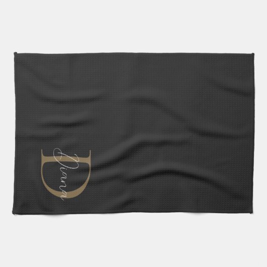 Elegante Midnight Black Mossy Gold Script Monogram Geschirrtuch (Horizontal)