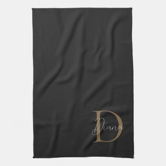 Elegante Midnight Black Mossy Gold Script Monogram Geschirrtuch (Vertikal)