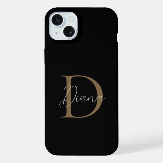 Elegante Midnight Black Mossy Gold Script Monogram iPhone Hülle (Rückseite)