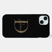 Elegante Midnight Black Mossy Gold Script Monogram iPhone Hülle (Rückseite (Horizontal))