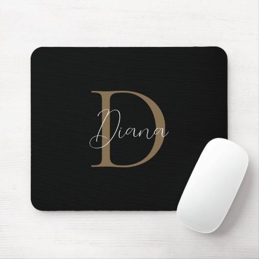 Elegante Midnight Black Mossy Gold Script Monogram Mousepad (Mit Mouse)