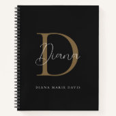 Elegante Midnight Black Mossy Gold Script Monogram Notizblock (Vorderseite)