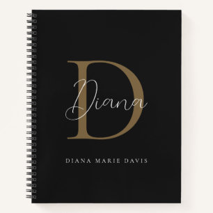 Elegante Midnight Black Mossy Gold Script Monogram Notizblock