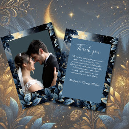 Elegante Midnight Blue and Gold Forest Wedding Dankeskarte
