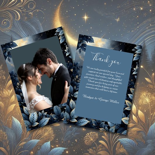 Elegante Midnight Blue and Gold Forest Wedding Dankeskarte