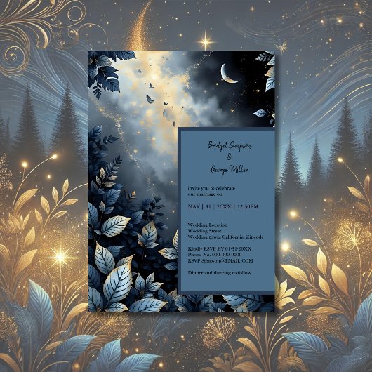 Elegante Midnight Blue and Gold Forest Wedding Einladung