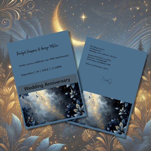 Elegante Midnight Blue and Gold Forest Wedding Einladung