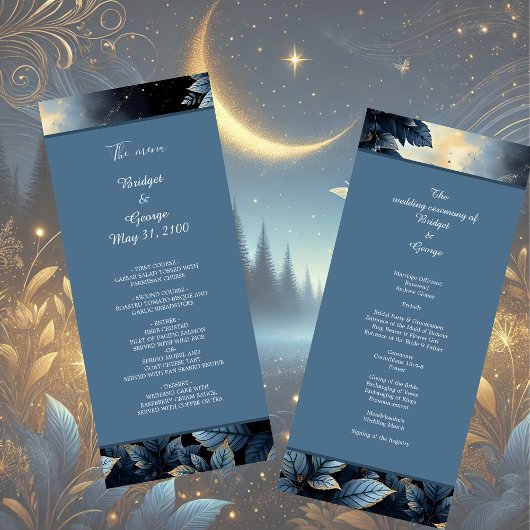 Elegante Midnight Blue and Gold Forest Wedding Programm