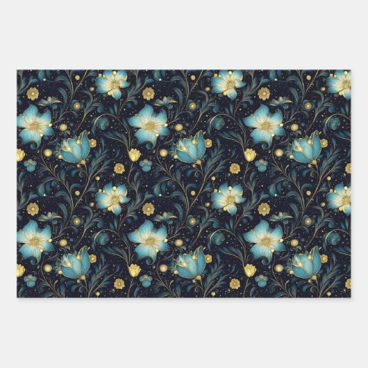 Elegante Midnight Blue & Gold Floral Christmas Geschenkpapier Set (Vorderseite 2)