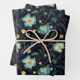 Elegante Midnight Blue & Gold Floral Christmas Geschenkpapier Set