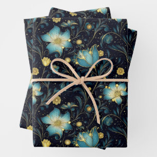 Elegante Midnight Blue & Gold Floral Christmas Geschenkpapier Set