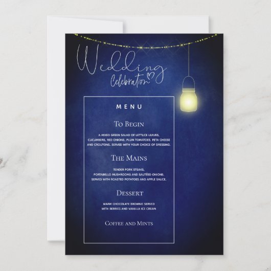 Elegante Midnight Blue Mason Jar Wedding Menu Card Einladung (Vorderseite)