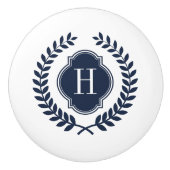 Elegante Midnight Blue Wreath Wappen Monogram Keramikknauf (Vorderseite)