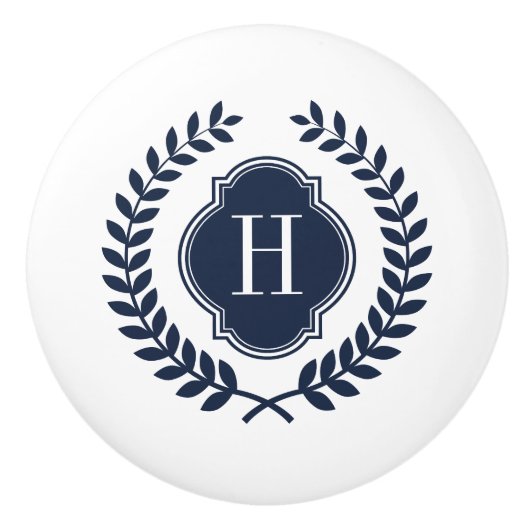 Elegante Midnight Blue Wreath Wappen Monogram Keramikknauf (Vorderseite)
