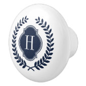 Elegante Midnight Blue Wreath Wappen Monogram Keramikknauf (Rechts)