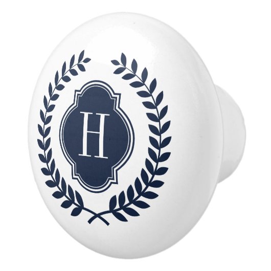 Elegante Midnight Blue Wreath Wappen Monogram Keramikknauf (Rechts)