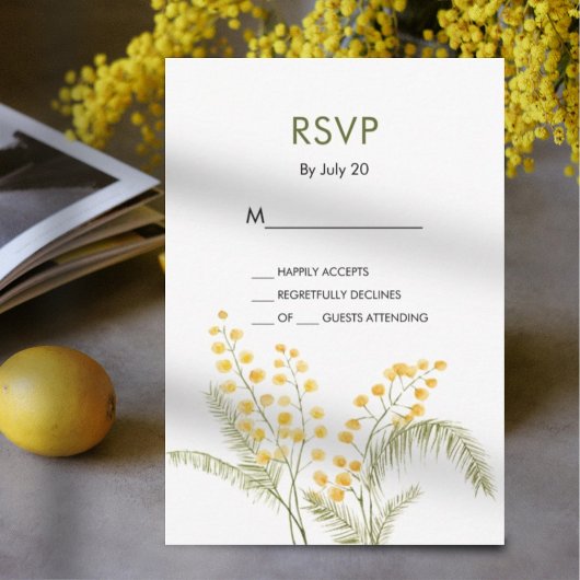 Elegante mimosa Blume Gelbe Hochzeitskarte RSVP Karte