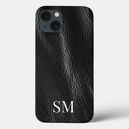 Elegante Minimal Black Leather Monogram Initials Case-Mate iPhone Hülle (Rückseite)