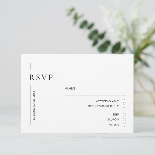 Elegante Minimal Black & White Wedding RSVP Karte (Stehend Vorderseite)