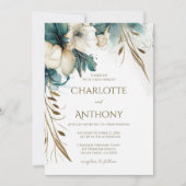 Elegante Minimal Blumengrün Aquamarine GoldWedding Einladung (Vorderseite)