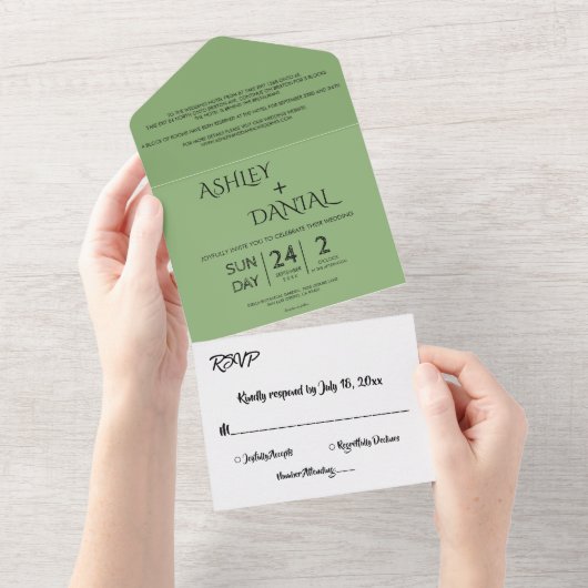 Elegante Minimal Calligraphy Green Moderne Hochzei All In One Einladung (Abreißen)