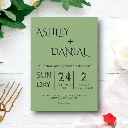 Elegante Minimal Calligraphy Green Moderne Hochzei Einladung