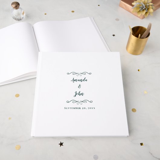 Elegante Minimal Calligraphy Wedding Emerald Green Gästebuch (Vorderseite offen)