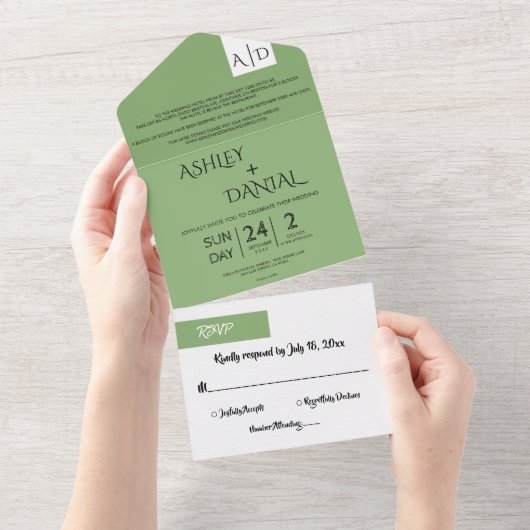 Elegante Minimal Chic Green Moderne Einfache Hochz All In One Einladung (Abreißen)