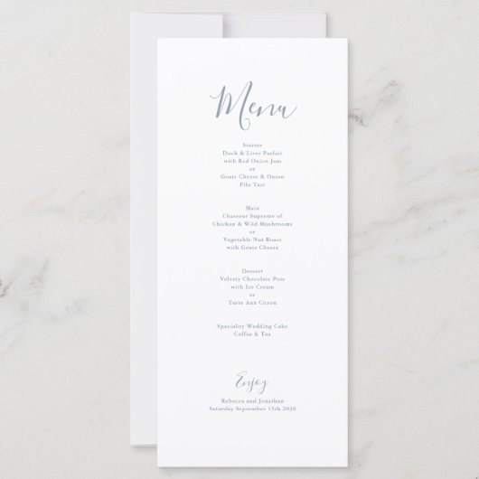 Elegante Minimal Dusty Blue Wedding Menu Card (Vorderseite)