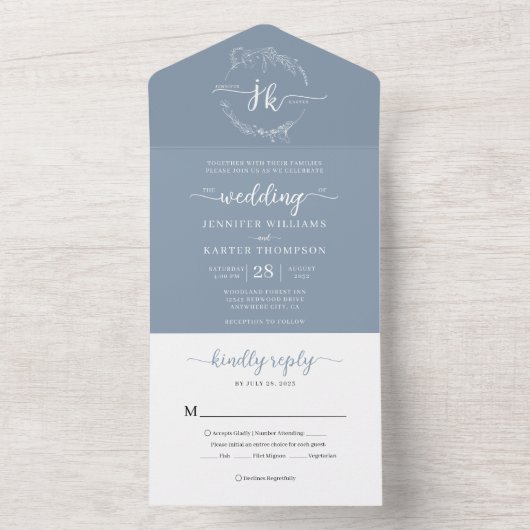 Elegante Minimal Floral Dusty Blue Monogram Weddin All In One Einladung (Innen Boden)