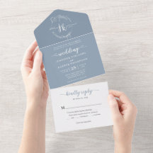 Elegante Minimal Floral Dusty Blue Monogram Weddin