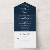 Elegante Minimal Floral Navy Blue Monogram Wedding All In One Einladung (Innen Boden)