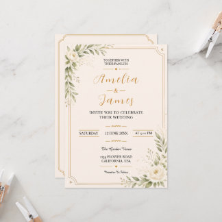 Elegante Minimal Gold Florale Hochzeits-Einladung Einladung
