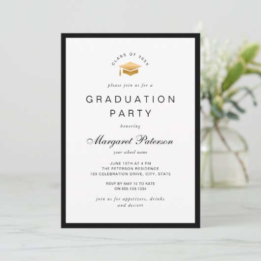 Elegante Minimal Gold Grad Graduation Party Einladung (Stehend Vorderseite)