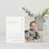 Elegante Minimal Gold Typografie Foto Taufe Dankeskarte (Stehend Vorderseite)