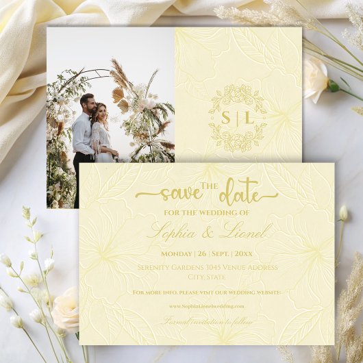 Elegante Minimal Golden Kontur Blume Hochzeit Save The Date