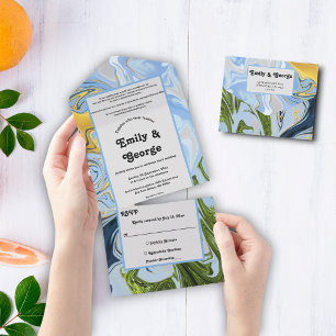 Elegante Minimal Green Yellow Blue Abstrakt Weddin All In One Einladung