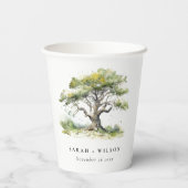 Elegante Minimal Grüne Wasserfarben Eiche Hochzeit Pappbecher (Rückseite)