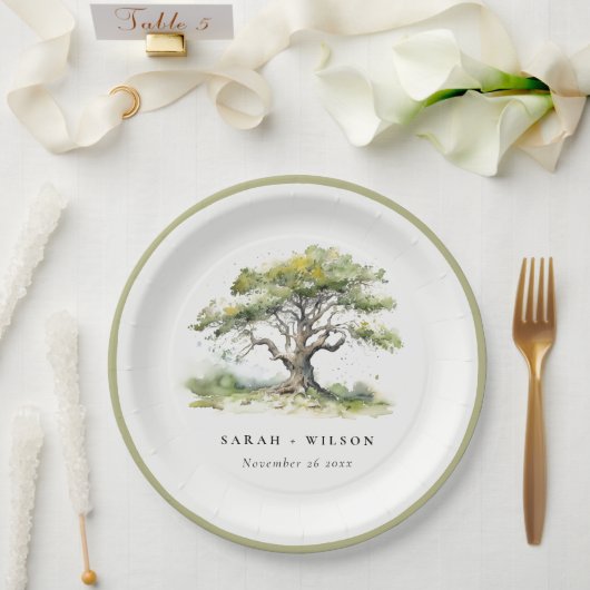Elegante Minimal Grüne Wasserfarben Eiche Hochzeit Pappteller (Hochzeit)