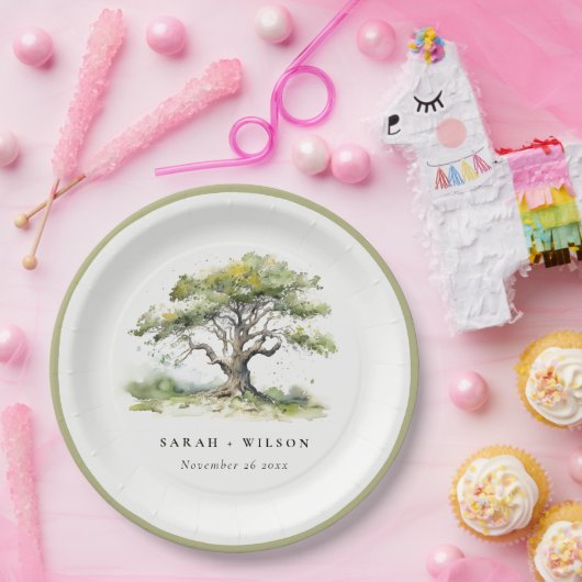 Elegante Minimal Grüne Wasserfarben Eiche Hochzeit Pappteller (Party)