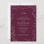 Elegante Minimal Leaf Burgundy Monogram Wedding Einladung (Vorderseite)