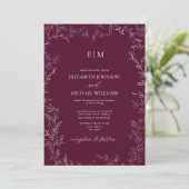 Elegante Minimal Leaf Burgundy Monogram Wedding Einladung (Stehend Vorderseite)