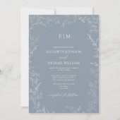 Elegante Minimal Leaf Dusty Blue Monogram Wedding Einladung (Vorderseite)
