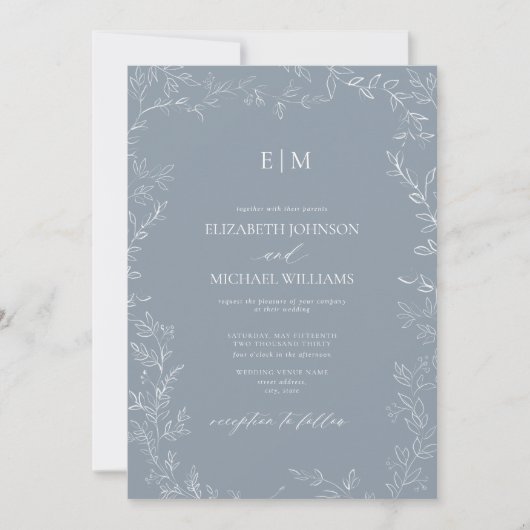 Elegante Minimal Leaf Dusty Blue Monogram Wedding Einladung (Vorderseite)