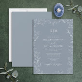 Elegante Minimal Leaf Dusty Blue Monogram Wedding Einladung
