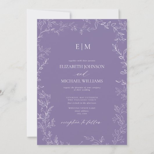 Elegante Minimal Leaf Lavender Monogram Wedding Einladung (Vorderseite)