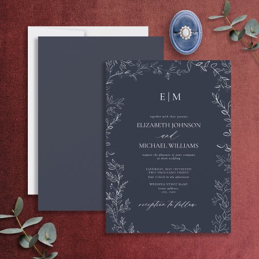 Elegante Minimal Leaf Navy Blue Monogram Wedding Einladung