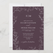 Elegante Minimal Leaf Plum Lila Monogram Wedding Einladung (Vorderseite)
