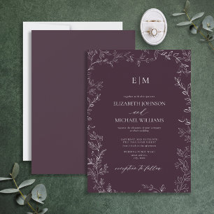 Elegante Minimal Leaf Plum Lila Monogram Wedding Einladung